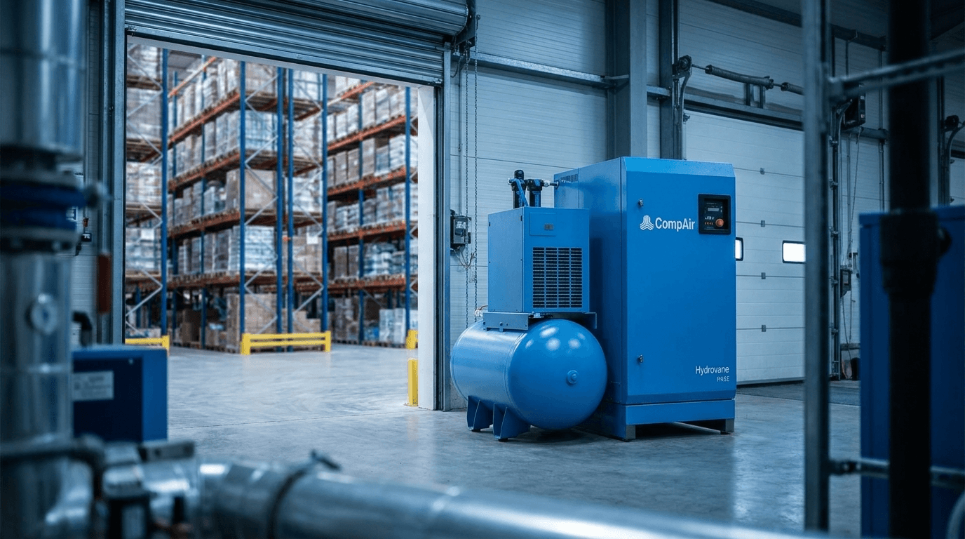 A CompAir Hydrovane HV22 air package and air receiver in a DPD logistics distribution hub plant room