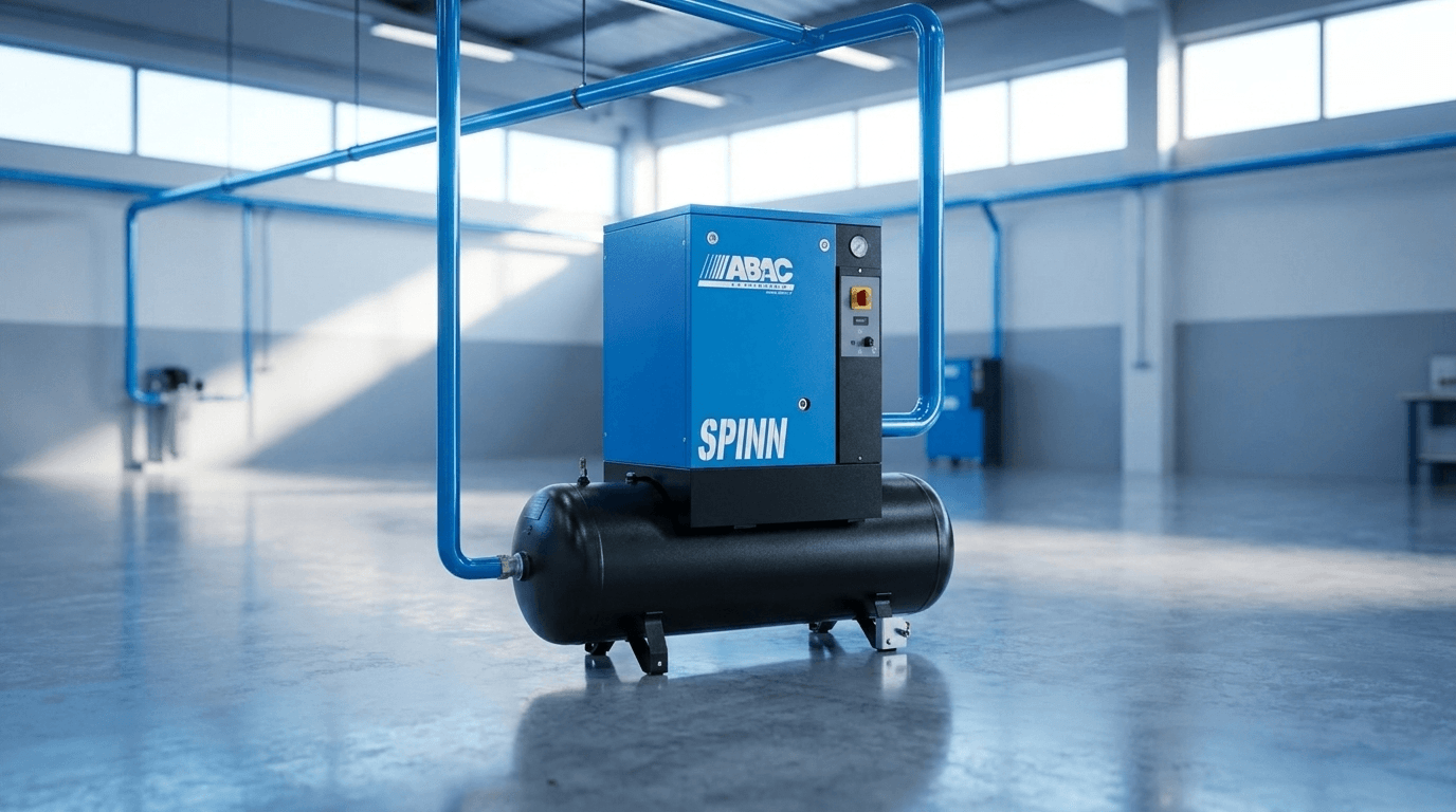 An ABAC Spinn tank-mounted compressor at Flying Spares' expanded workshop with blue compressed air pipework overhead