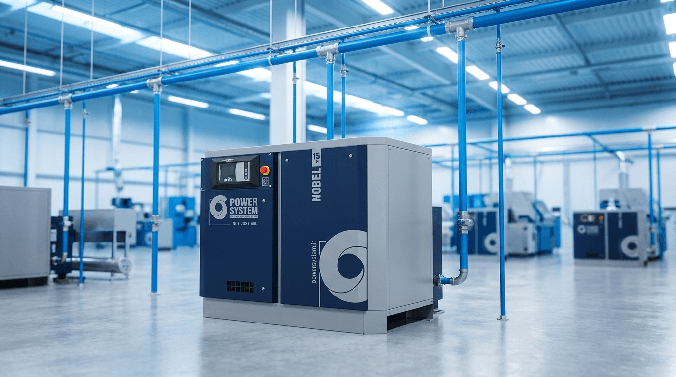 A Power System Nobel 15-10-DV compressor with blue ring main pipework at Nuneaton Signs' new production facility