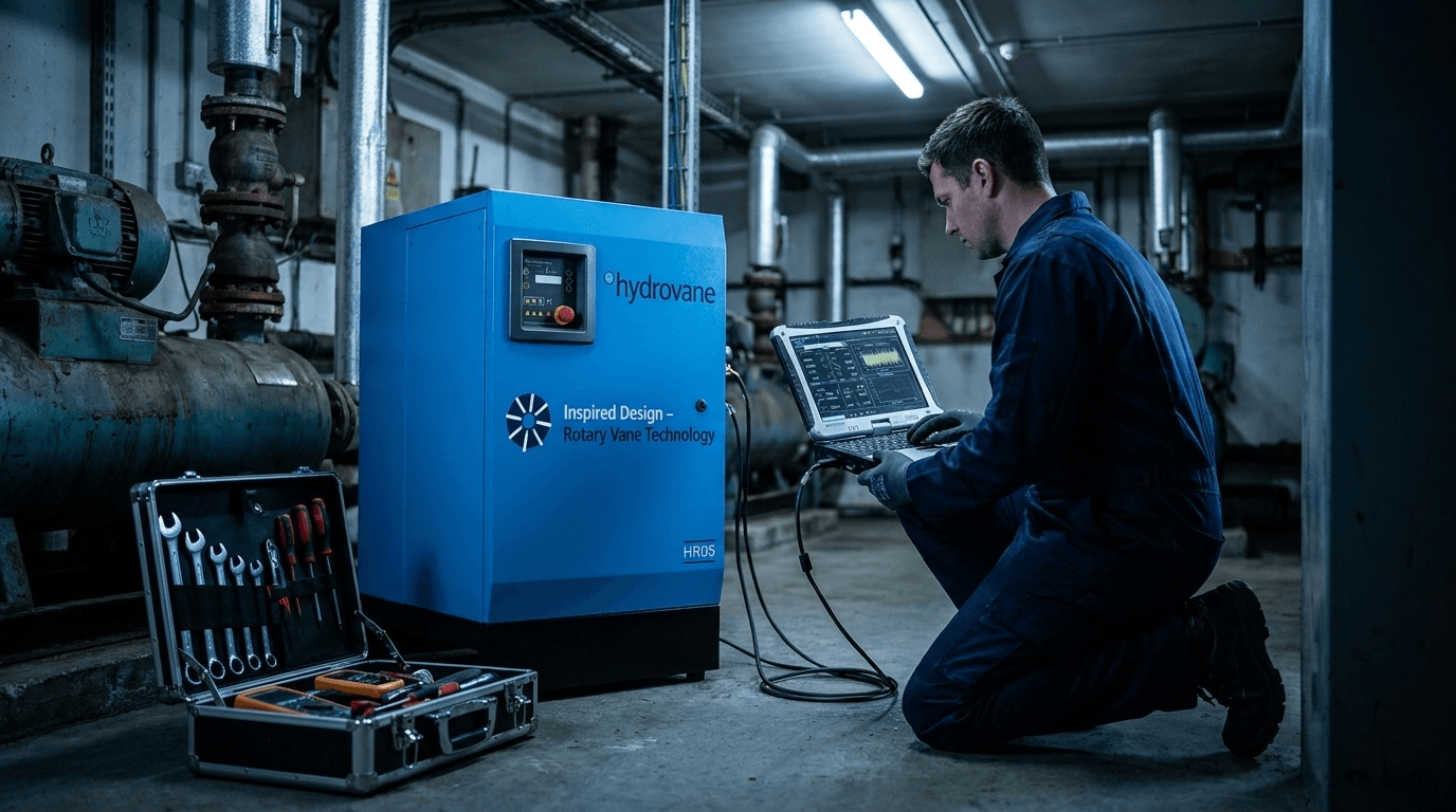 An engineer servicing a Hydrovane HR05 compressor with a diagnostic laptop during The White Company's emergency replacement