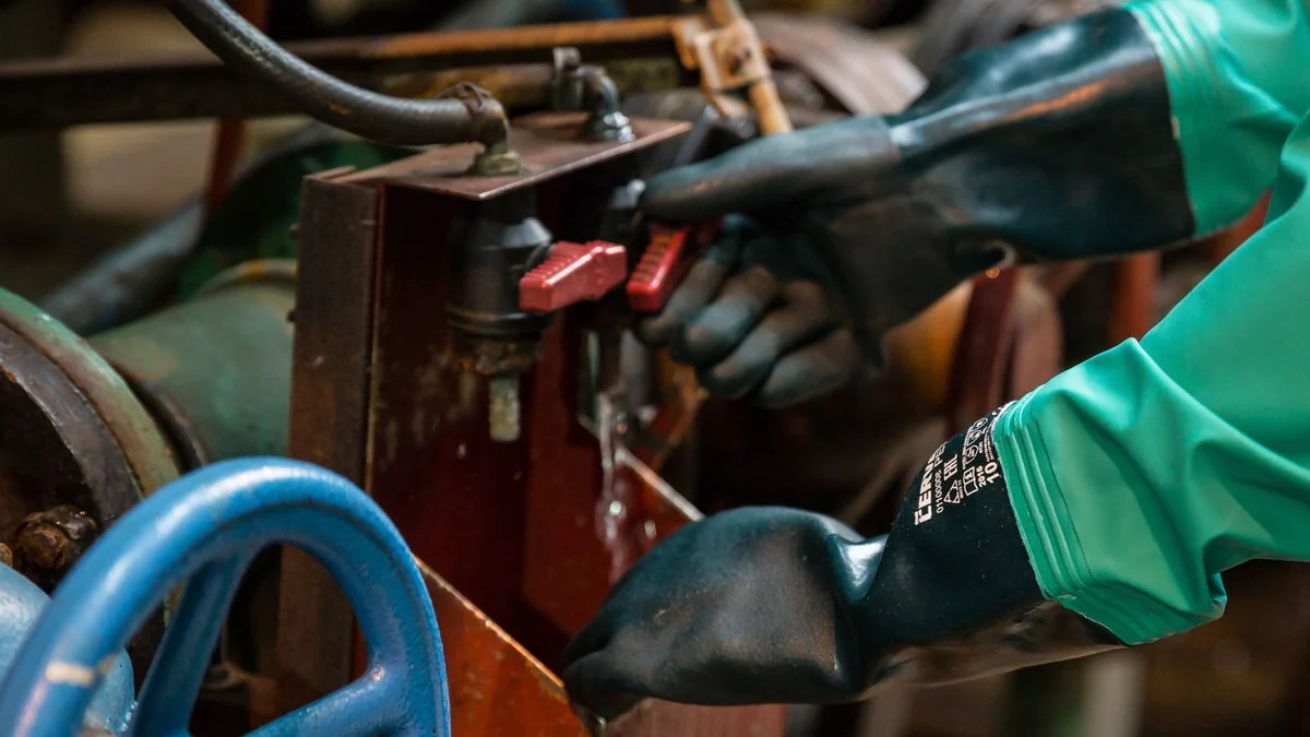 Gloved hands opening a manual drain valve on compressed air plant