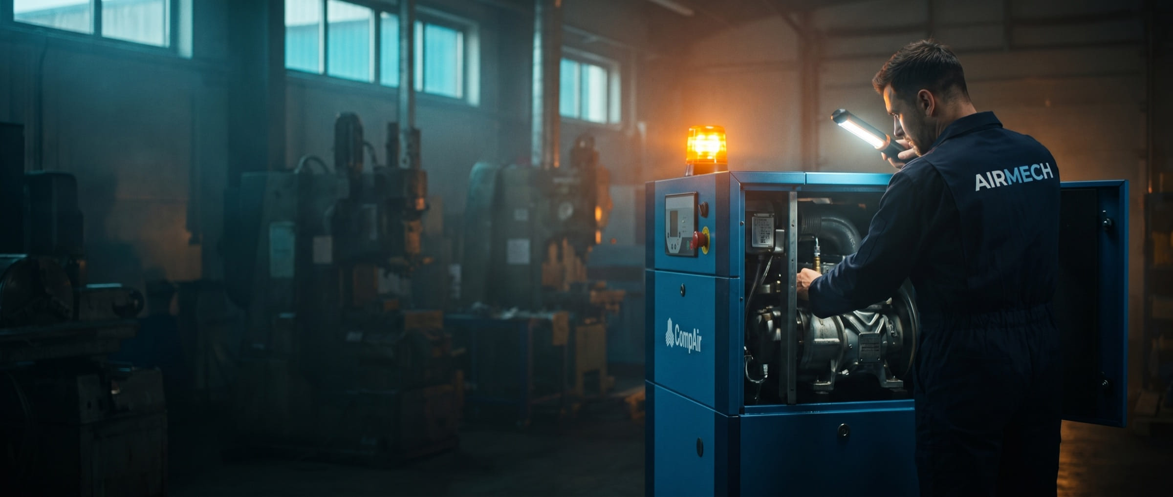 Air-Mech engineer repairing an industrial compressor on site