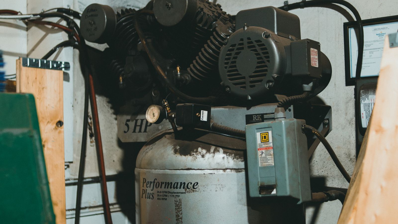 Industrial air compressor unit during an emergency breakdown repair