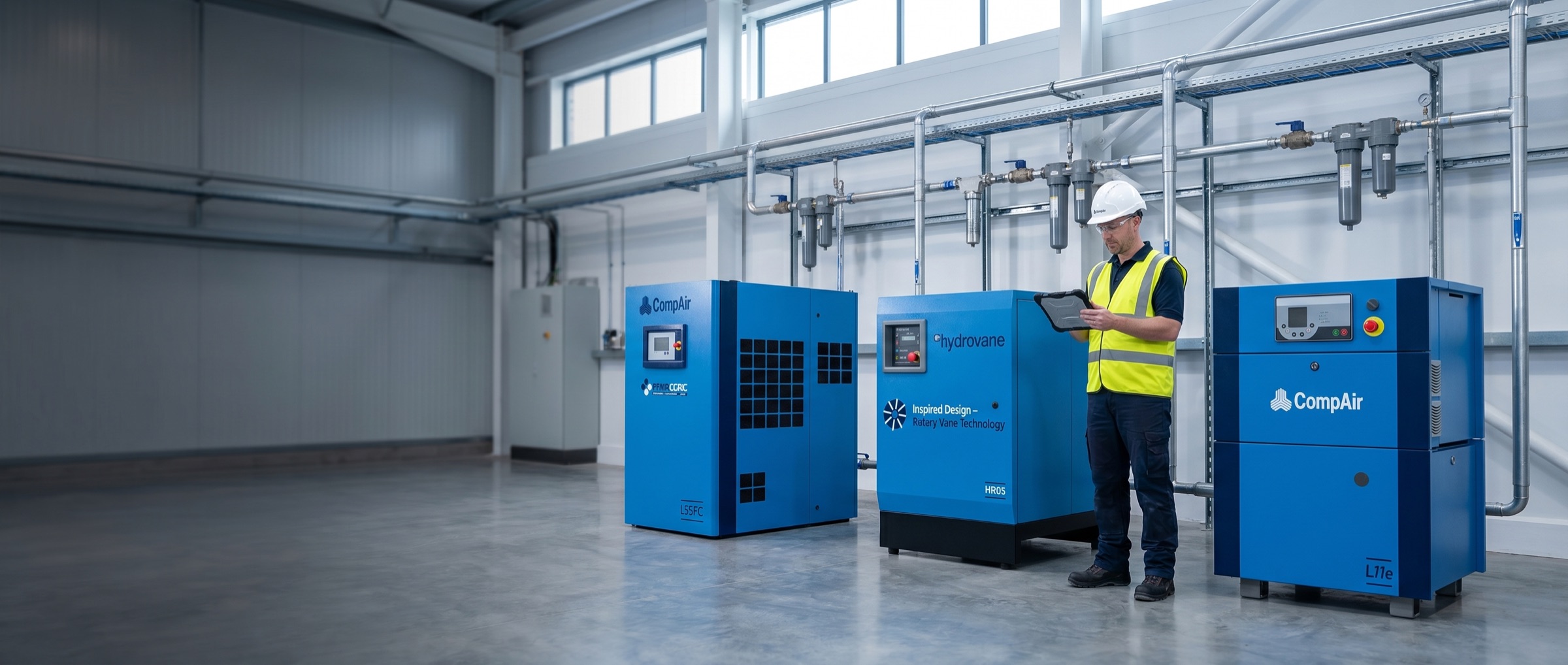 Engineering manager in hi-vis and hard hat reviewing asset data on a tablet beside a managed mixed estate of CompAir and Hydrovane compressors in a plant room